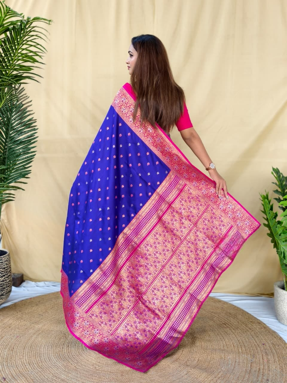 Royal Blue with Rani Pink Soft Silk Saree with Zari Woven Border